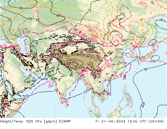 Hoogte/Temp. 925 hPa ECMWF vr 21.06.2024 12 UTC