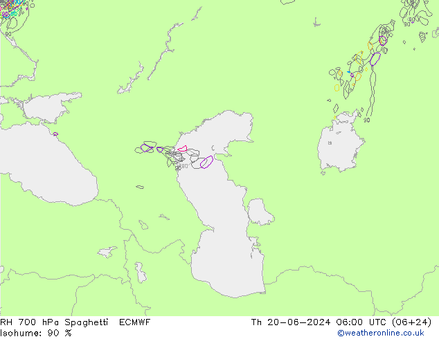 RH 700 hPa Spaghetti ECMWF  20.06.2024 06 UTC