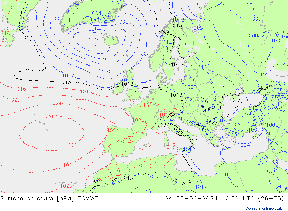 Bodendruck ECMWF Sa 22.06.2024 12 UTC