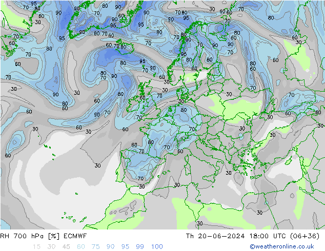 RH 700 hPa ECMWF Qui 20.06.2024 18 UTC