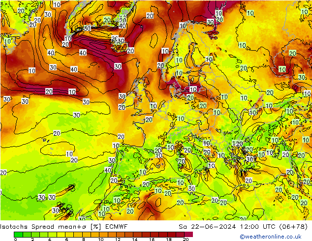 Isotachen Spread ECMWF Sa 22.06.2024 12 UTC