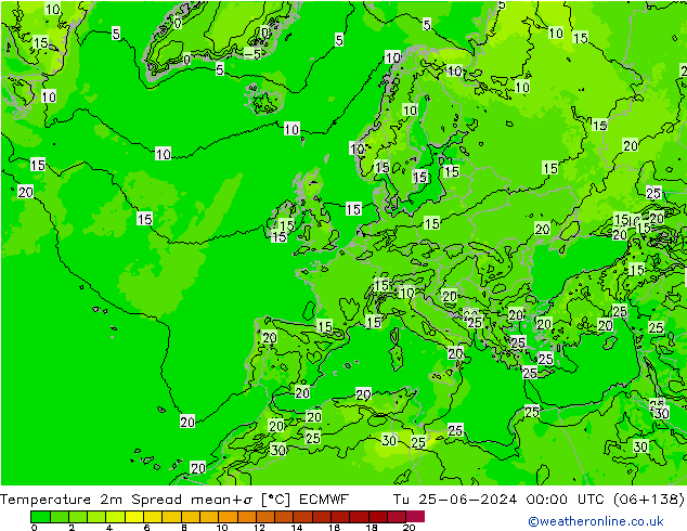 Temperatura 2m Spread ECMWF mar 25.06.2024 00 UTC