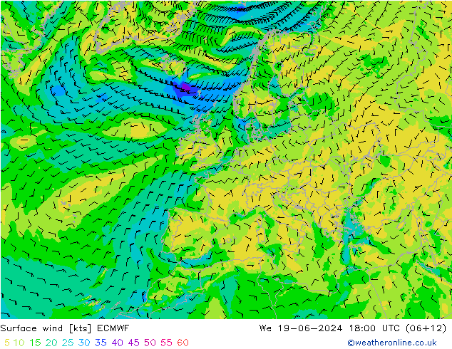 Vent 10 m ECMWF mer 19.06.2024 18 UTC