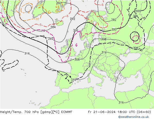 Height/Temp. 700 hPa ECMWF Fr 21.06.2024 18 UTC