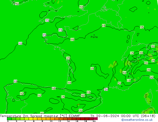 Temperatura 2m Spread ECMWF gio 20.06.2024 00 UTC