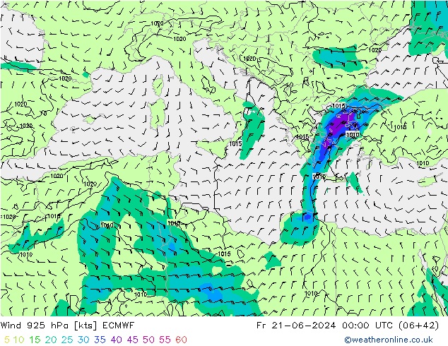 wiatr 925 hPa ECMWF pt. 21.06.2024 00 UTC