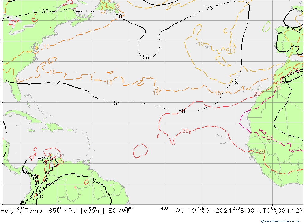 Height/Temp. 850 hPa ECMWF mer 19.06.2024 18 UTC