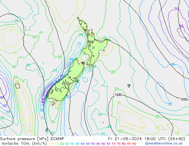 Isotachen (km/h) ECMWF vr 21.06.2024 18 UTC