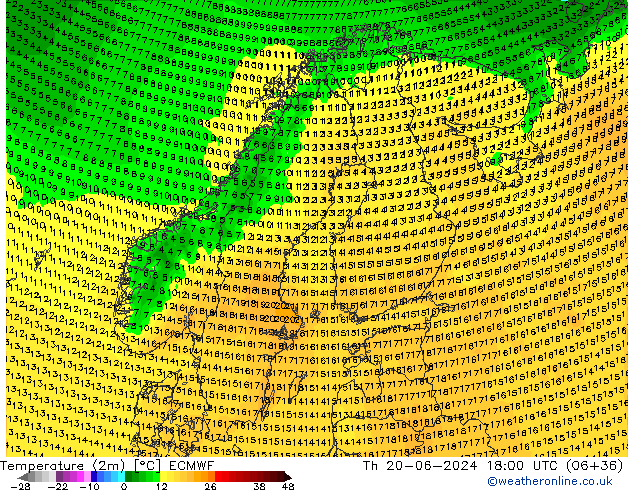 Temperatuurkaart (2m) ECMWF do 20.06.2024 18 UTC