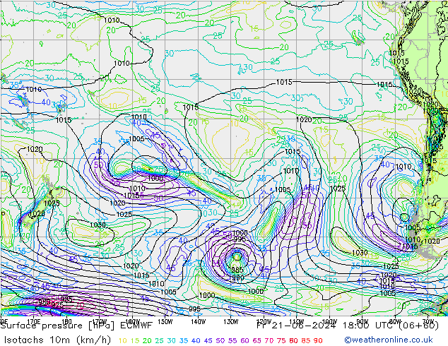 Eşrüzgar Hızları (km/sa) ECMWF Cu 21.06.2024 18 UTC