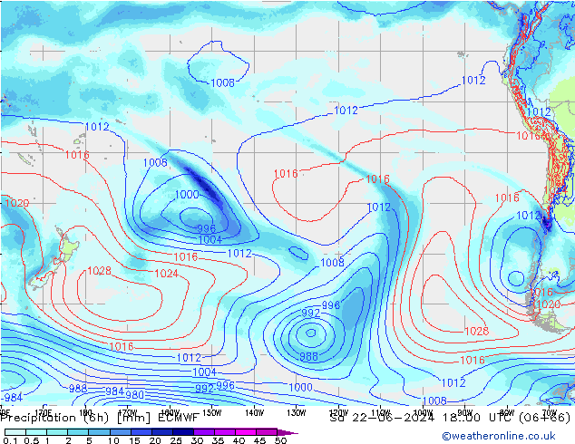 Precipitation (6h) ECMWF Sa 22.06.2024 00 UTC