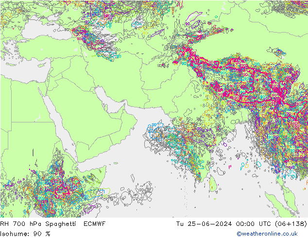 RH 700 hPa Spaghetti ECMWF 星期二 25.06.2024 00 UTC