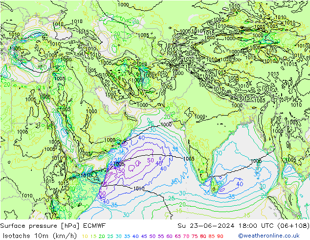 Isotachs (kph) ECMWF dom 23.06.2024 18 UTC