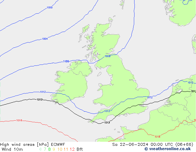 High wind areas ECMWF сб 22.06.2024 00 UTC