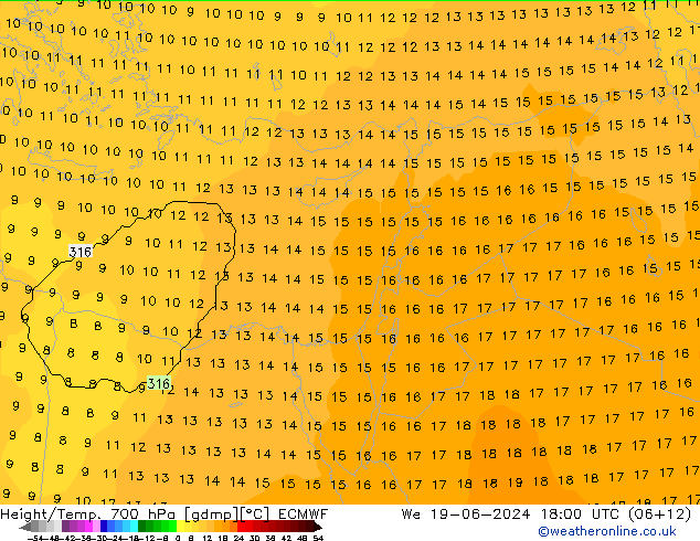 Height/Temp. 700 гПа ECMWF ср 19.06.2024 18 UTC