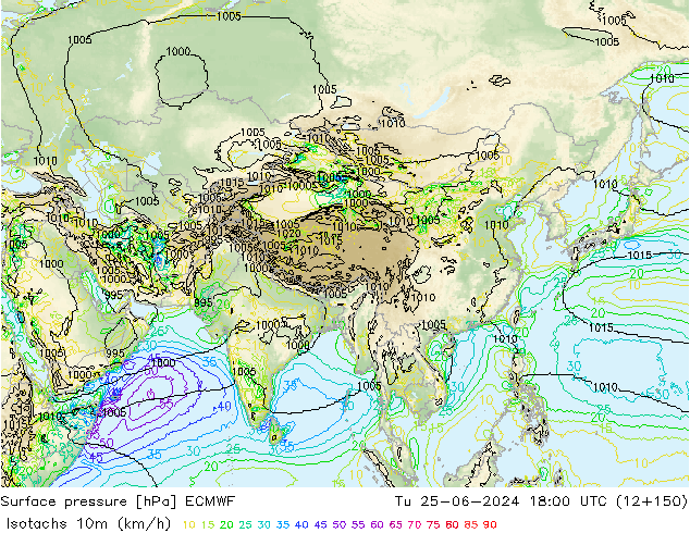 Isotachen (km/h) ECMWF di 25.06.2024 18 UTC