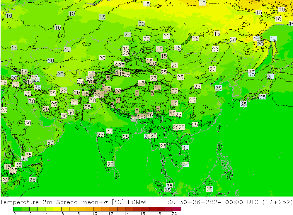 Temperatuurkaart Spread ECMWF zo 30.06.2024 00 UTC