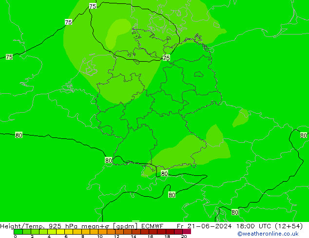 Height/Temp. 925 hPa ECMWF Pá 21.06.2024 18 UTC