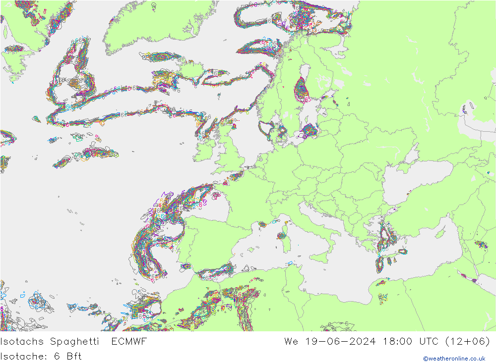 Isotachs Spaghetti ECMWF 星期三 19.06.2024 18 UTC