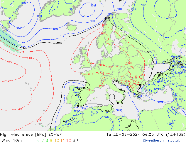 High wind areas ECMWF Út 25.06.2024 06 UTC