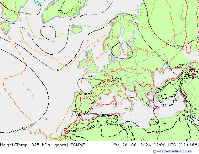 Hoogte/Temp. 925 hPa ECMWF wo 26.06.2024 12 UTC
