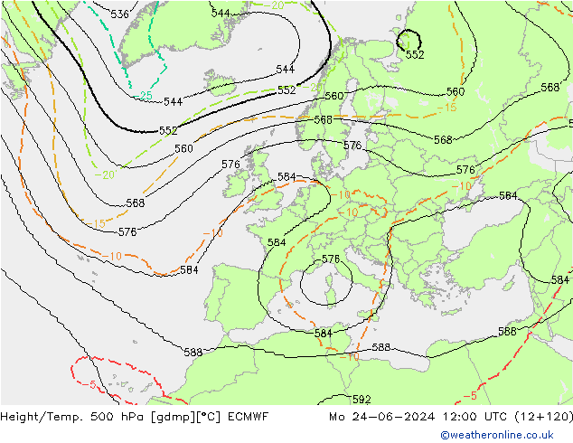 Height/Temp. 500 hPa ECMWF Mo 24.06.2024 12 UTC