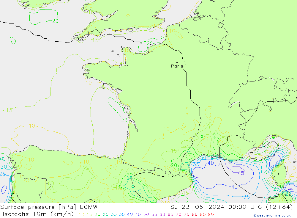 Isotachs (kph) ECMWF  23.06.2024 00 UTC