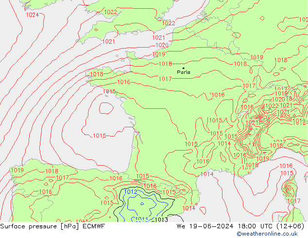 Atmosférický tlak ECMWF St 19.06.2024 18 UTC