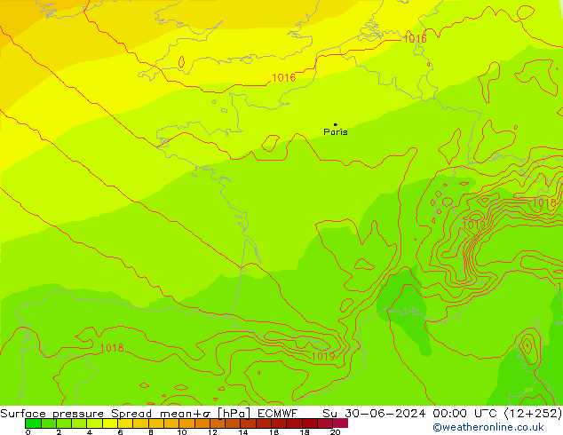 Surface pressure Spread ECMWF Su 30.06.2024 00 UTC