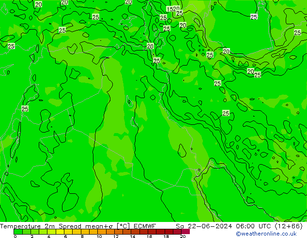 Temperatura 2m Spread ECMWF sab 22.06.2024 06 UTC