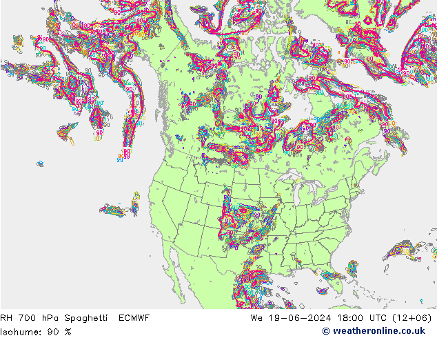 RH 700 hPa Spaghetti ECMWF Mi 19.06.2024 18 UTC