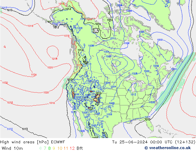 High wind areas ECMWF Út 25.06.2024 00 UTC