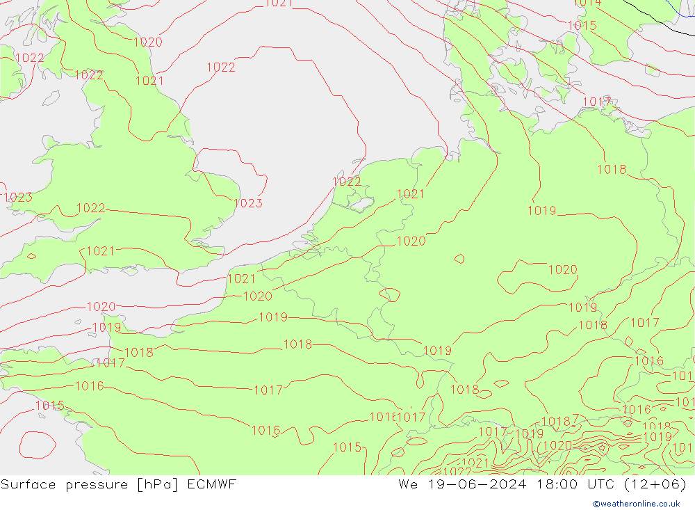 Presión superficial ECMWF mié 19.06.2024 18 UTC