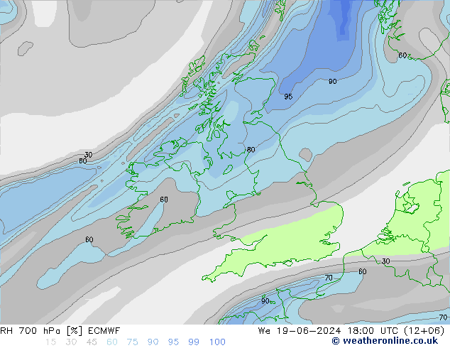 RH 700 hPa ECMWF 星期三 19.06.2024 18 UTC