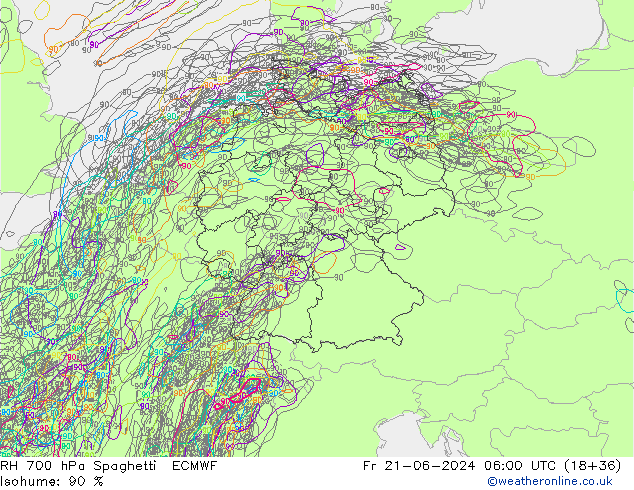 RH 700 hPa Spaghetti ECMWF Fr 21.06.2024 06 UTC