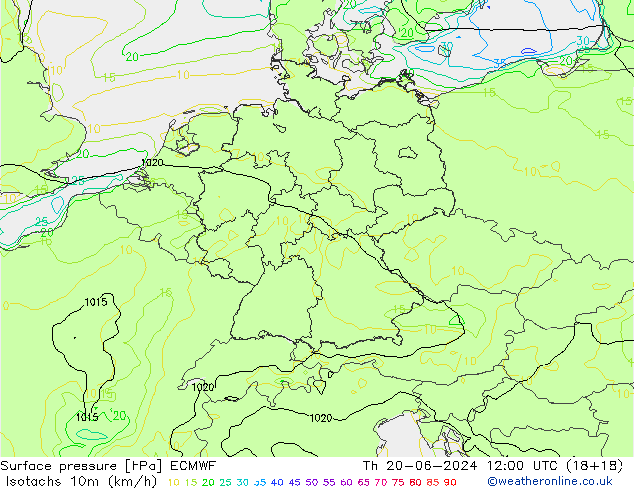 Isotachen (km/h) ECMWF do 20.06.2024 12 UTC