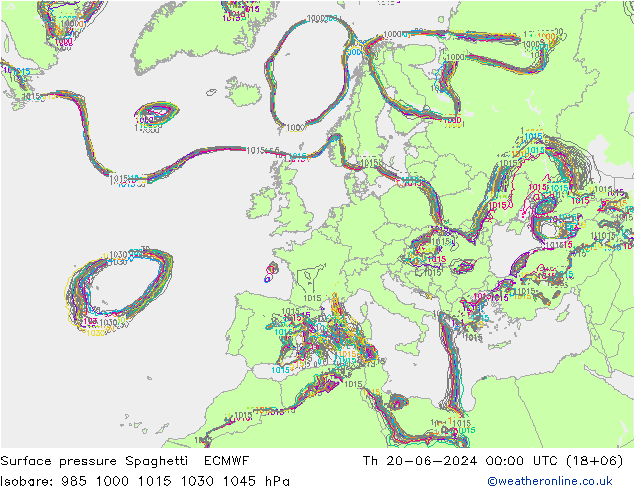 地面气压 Spaghetti ECMWF 星期四 20.06.2024 00 UTC