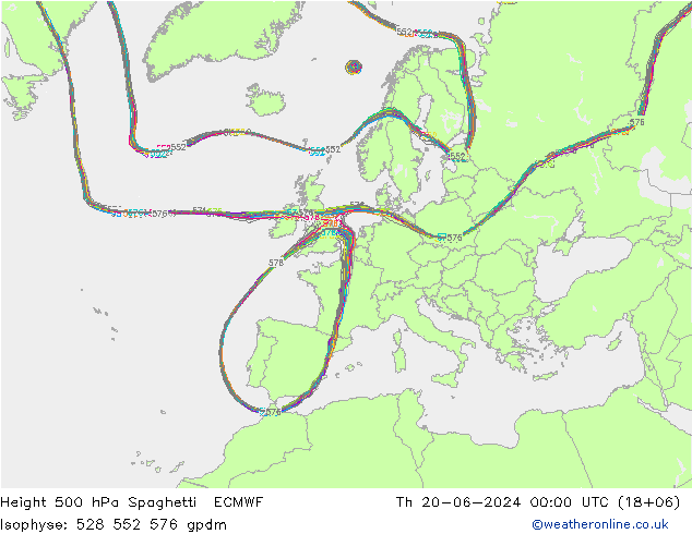 Height 500 hPa Spaghetti ECMWF Do 20.06.2024 00 UTC