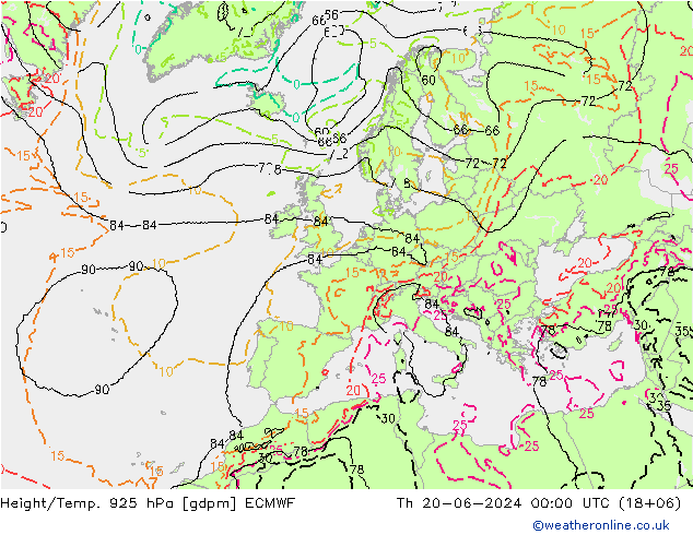 Height/Temp. 925 hPa ECMWF 星期四 20.06.2024 00 UTC
