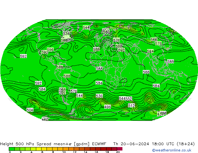 Height 500 hPa Spread ECMWF 星期四 20.06.2024 18 UTC