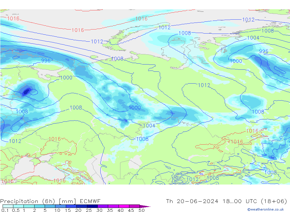 Totale neerslag (6h) ECMWF do 20.06.2024 00 UTC