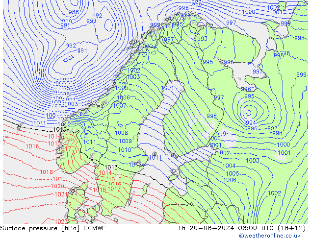 Presión superficial ECMWF jue 20.06.2024 06 UTC