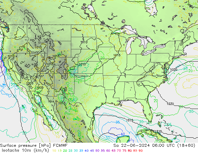 Isotachs (kph) ECMWF сб 22.06.2024 06 UTC