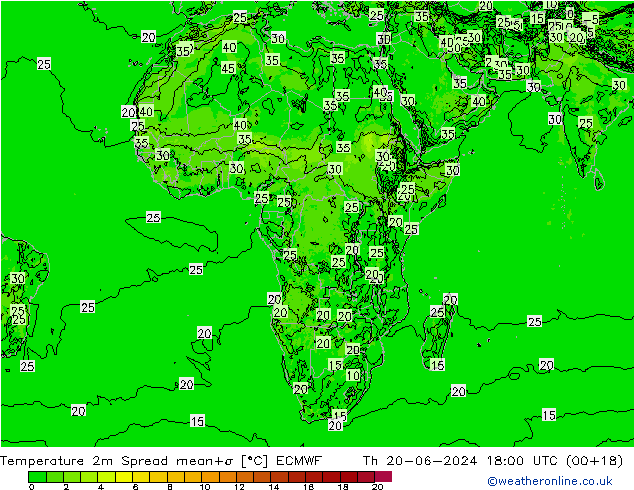 Temperatura 2m Spread ECMWF jue 20.06.2024 18 UTC