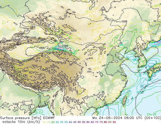 Isotachs (kph) ECMWF  24.06.2024 06 UTC