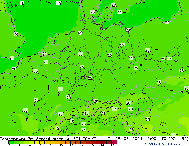 Temperature 2m Spread ECMWF Tu 25.06.2024 12 UTC