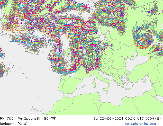 RH 700 hPa Spaghetti ECMWF Sa 22.06.2024 00 UTC
