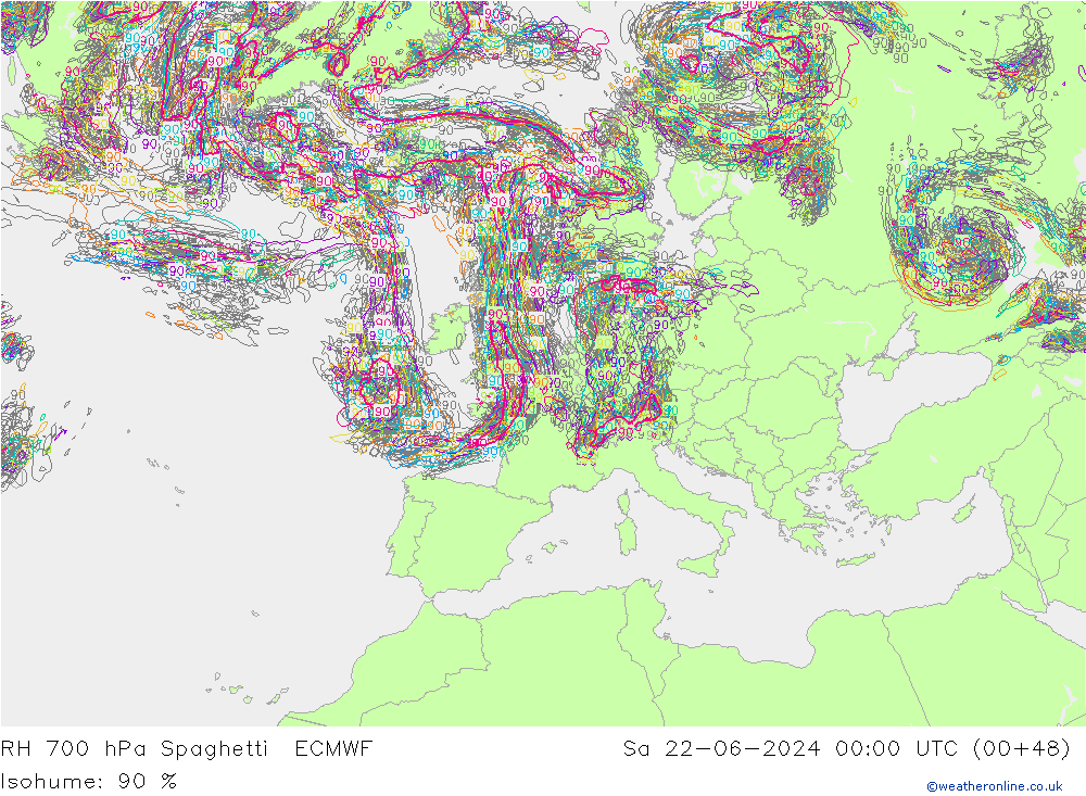 Humidité rel. 700 hPa Spaghetti ECMWF sam 22.06.2024 00 UTC