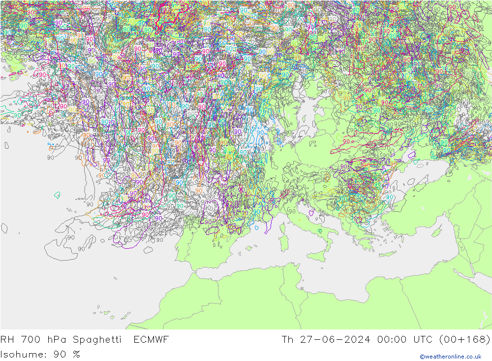 RH 700 hPa Spaghetti ECMWF Th 27.06.2024 00 UTC
