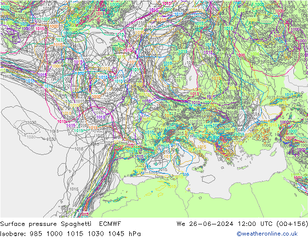 Surface pressure Spaghetti ECMWF We 26.06.2024 12 UTC